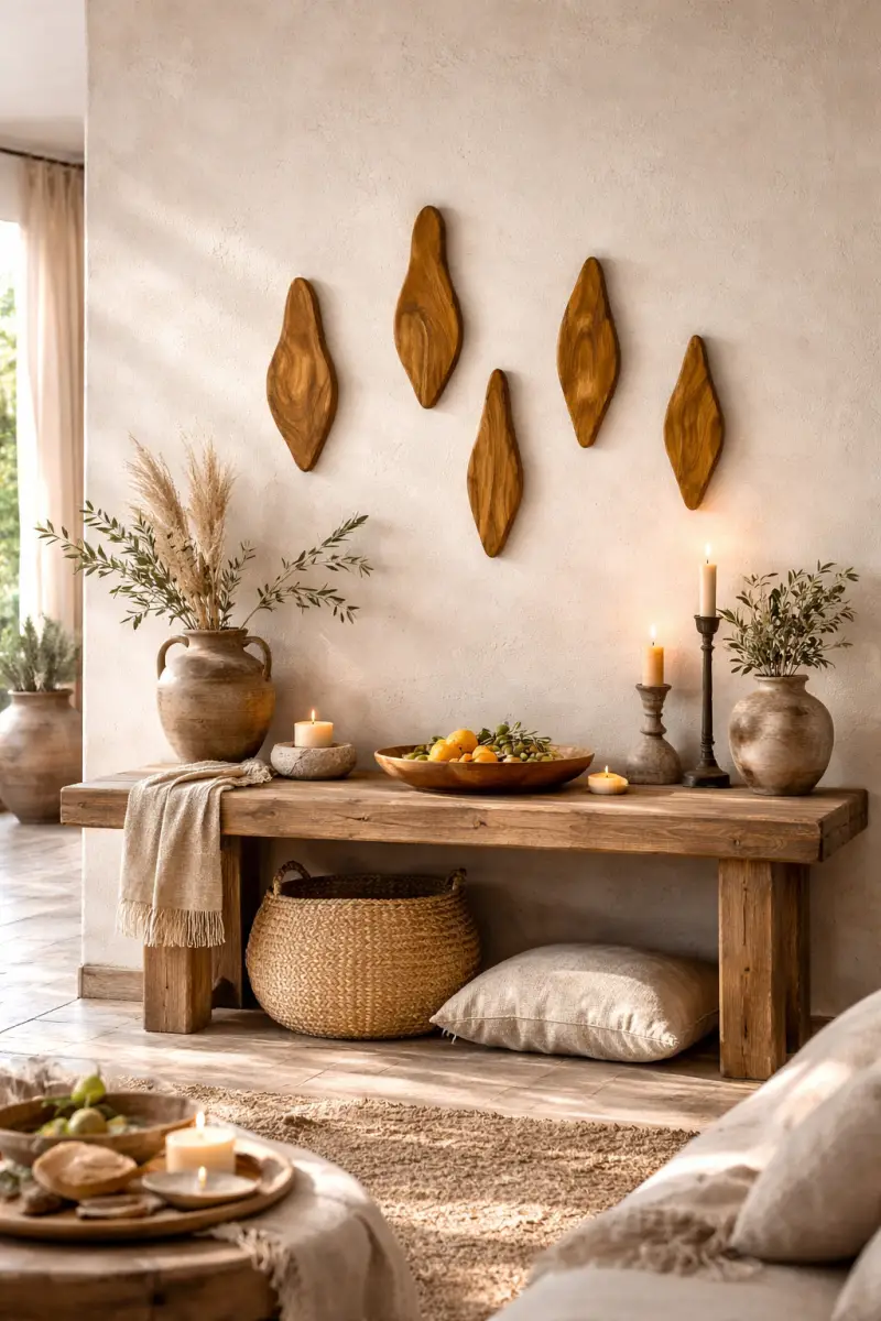 Olé & Co. Landelijke mediterraanse sfeer foto met 5 olijfhouten organische bladeren boven een houten bankje