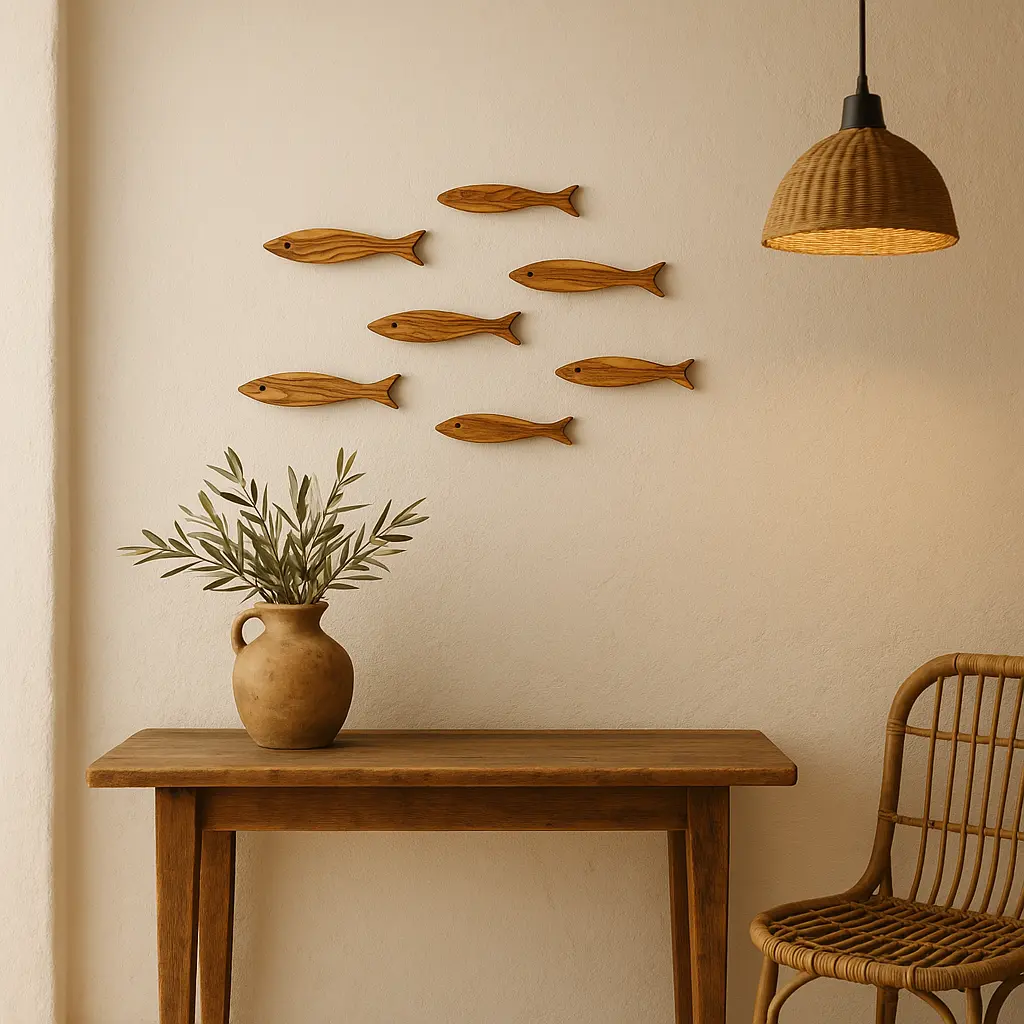 Wanddecoratie van olijfhout met visvormen, geplaatst boven houten tafeltje
