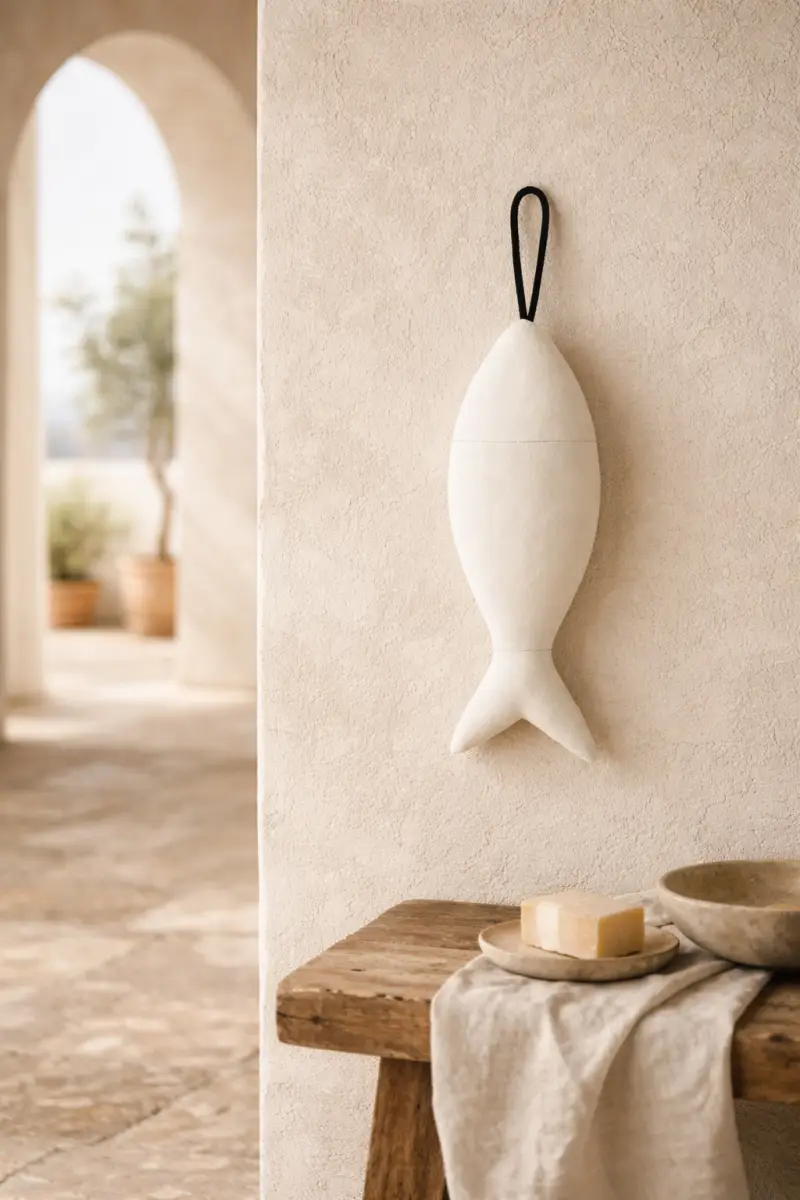 Olé & Co. Off-white linnen visje van gestoomd Europees linnen hangend aan kalkmuur in landelijke mediterrane ruimte, met olijfboom op de achtergrond en houten bank met linnen doek en zeep in zacht daglicht.