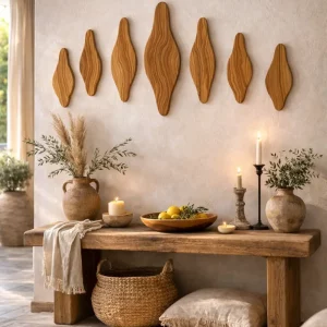 Handgemaakte Olijfhouten Wanddecoratie – Uniek Organisch Muurobject | set 7 stuks