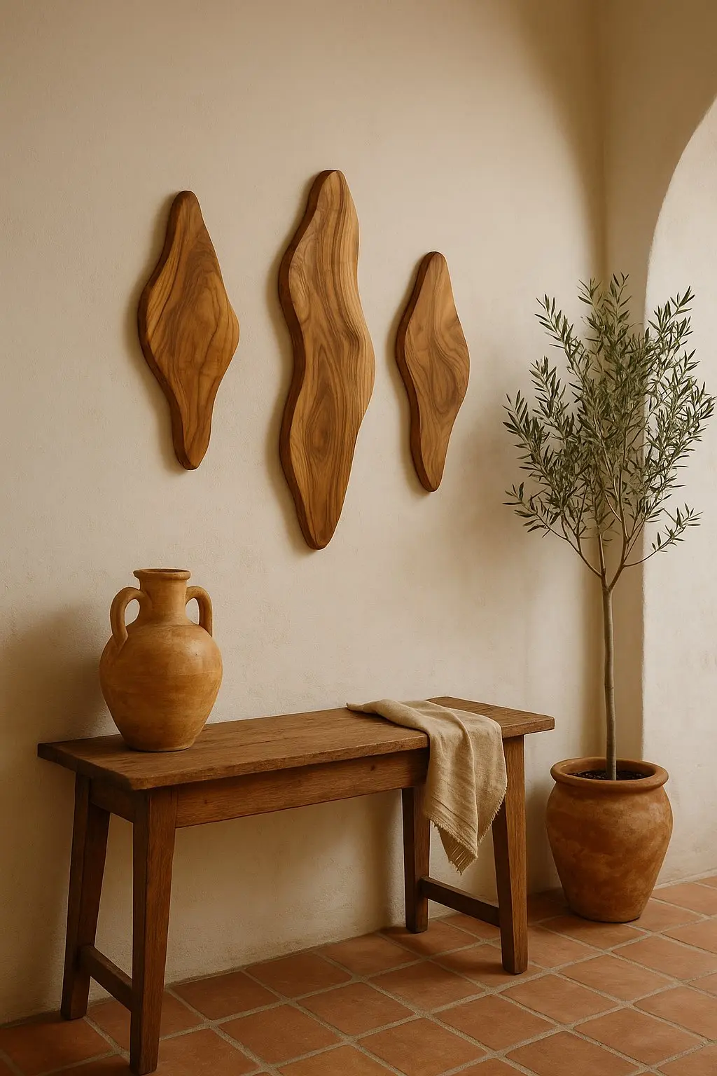 Olé & Co. abstracte olijfhouten wanddecoratie met afgeronde randen en natuurlijke dikte van het hout.