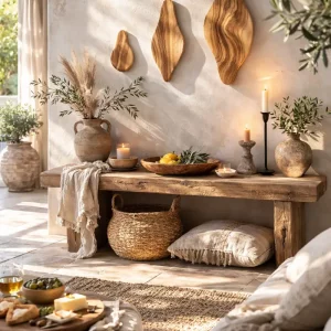 Olé & Co. Olijfhouten wanddecoratie van 3 organische bladeren. Seeting met bankje en olijftakken en mediterraanse landelijke sfeer