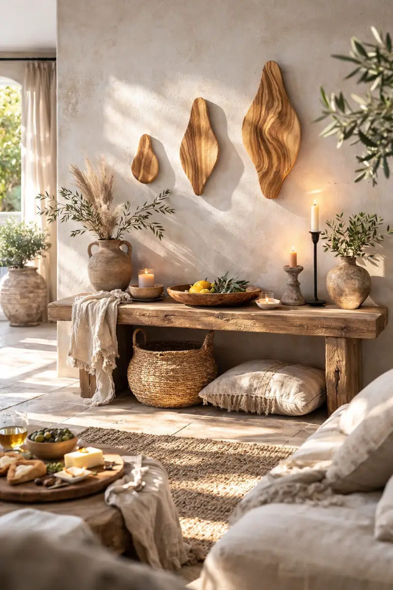 Olé & Co. Olijfhouten wanddecoratie van 3 organische bladeren. Seeting met bankje en olijftakken en mediterraanse landelijke sfeer