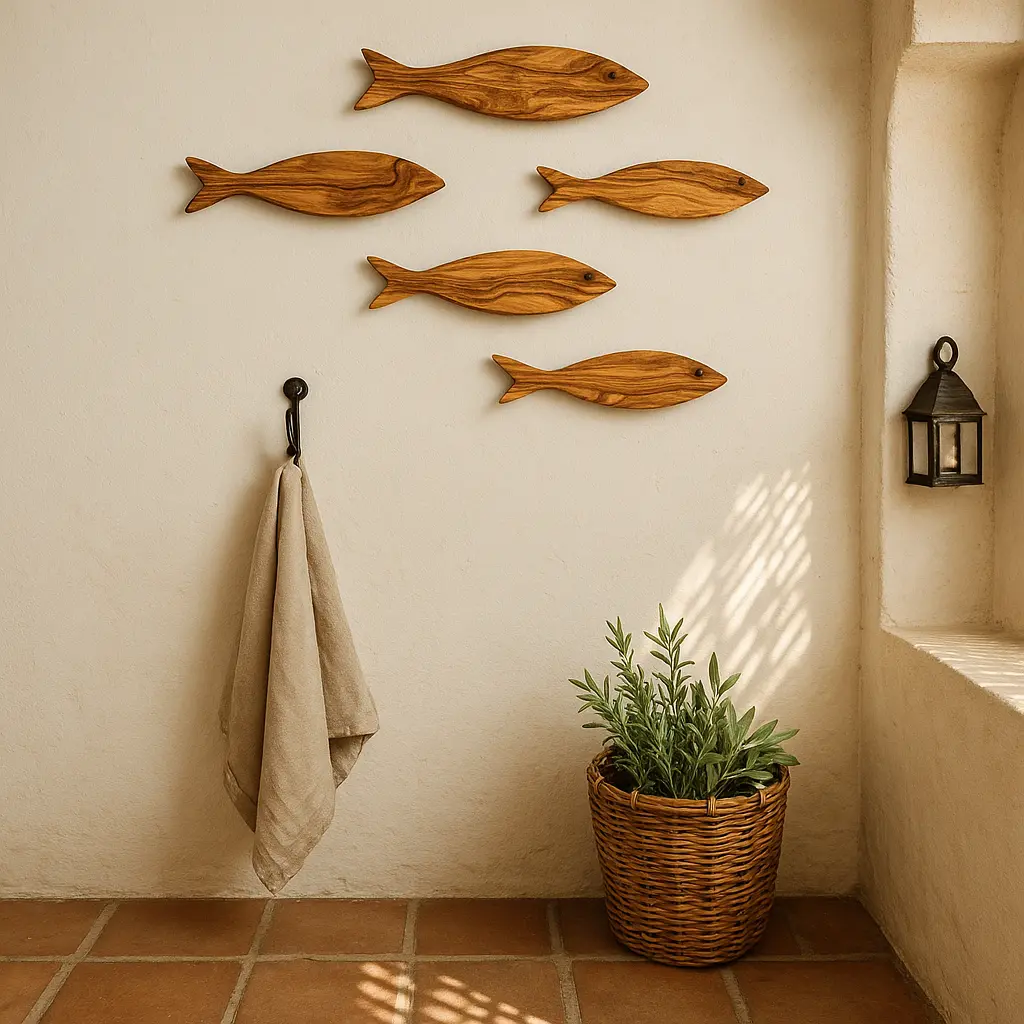 Olijfhouten schoolvisjes aan de muur bij raam met plant, natuurlijk licht