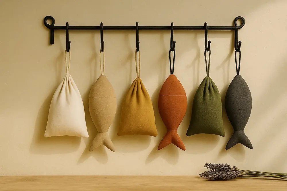 Olé & Co.Linnen muur decoratie met visjes in diversen kleuren aan een smeedijzeren wandrekje