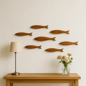 Set handgemaakte olijfhouten vissen als wanddecoratie, minimalistische styling