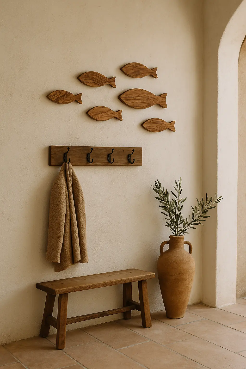 Olijfhouten wanddecoratie met school vissen in mediterrane setting bij bankje en tinaja