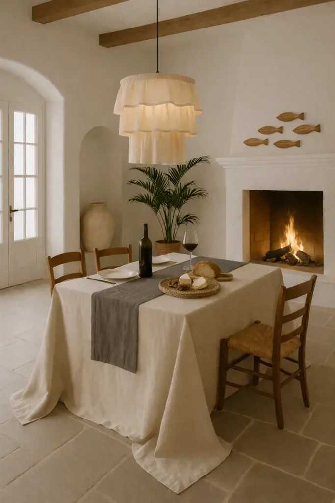 Sfeervolle mediterrane eethoek met linnen tafellaken en table runner, linnen hanglamp, handgemaakte visvormige wanddecoratie en rustige natuurlijke materialen.