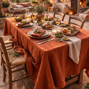 Olé & Co. Terracotta linnen tafelkleed van 100% Europees linnen gedekt op mediterrane tafel met servies en kaarsen - Landelijk Mediterraans