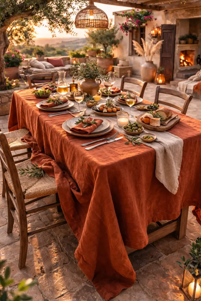 Olé & Co. Terracotta linnen tafelkleed van 100% Europees linnen gedekt op mediterrane tafel met servies en kaarsen - Landelijk Mediterraans