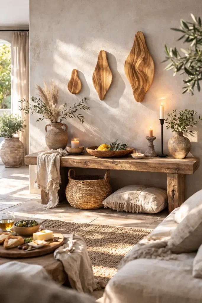 Olijfhouten wanddecoratie in organische vormen aan een lichte kalkmuur, landelijk mediterraans interieur met houten tafel, linnen en kaarslicht.