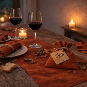 Sfeerfoto van mediterranse gedekte tafel met tebalerunner, servetten en geurzakje in terracota rust kleur