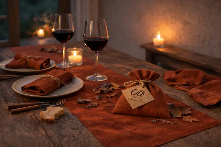 Sfeerfoto van mediterranse gedekte tafel met tebalerunner, servetten en geurzakje in terracota rust kleur