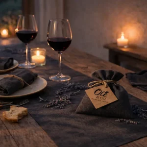 Olé & Co linnen cadeauset van een tablerunner, servet en geurzakje op sfeer tafel mediterraanse stijl