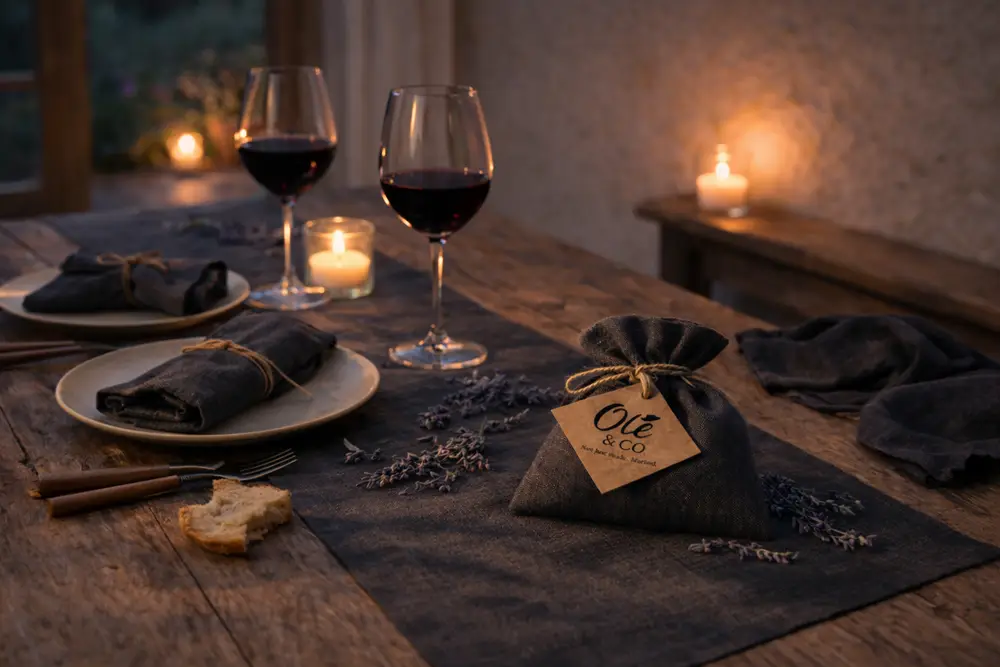 Olé & Co linnen cadeauset van een tablerunner, servet en geurzakje op sfeer tafel mediterraanse stijl