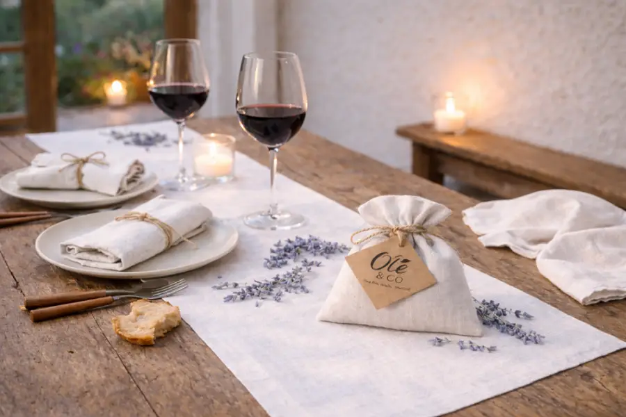 Olé & Co sfeerfoto van mediterranse gedekte tafel met tablerunner, servetten en geurzakje met lavendel in de kleur linnen offwhite