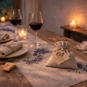 Olé & Co linnen cadeauset, tafelloper, servet en linnen geurzakje in sfeerfoto mediterraanse setting