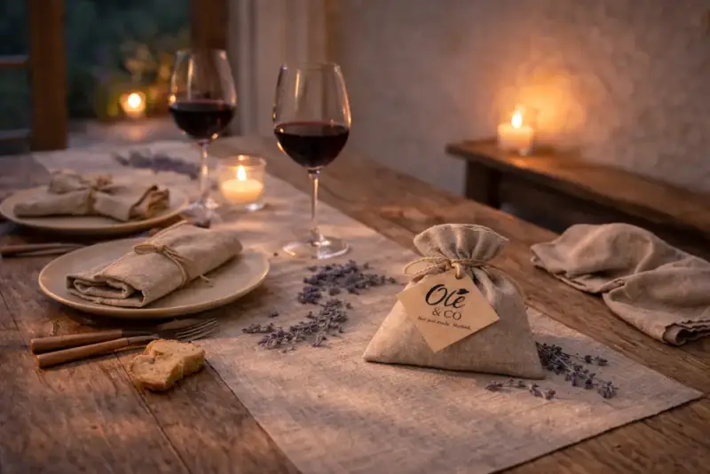 Olé & Co linnen cadeauset, tafelloper, servet en linnen geurzakje in sfeerfoto mediterraanse setting