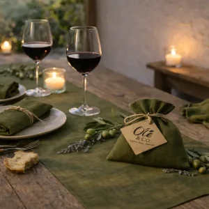 Olé & Co sfeerfoto mediterrane stijl gedekte tafel met tablerunner, servetten en geur zakje.