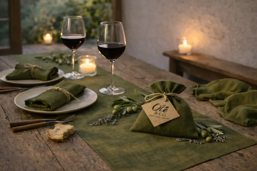 Olé & Co sfeerfoto mediterrane stijl gedekte tafel met tablerunner, servetten en geur zakje.