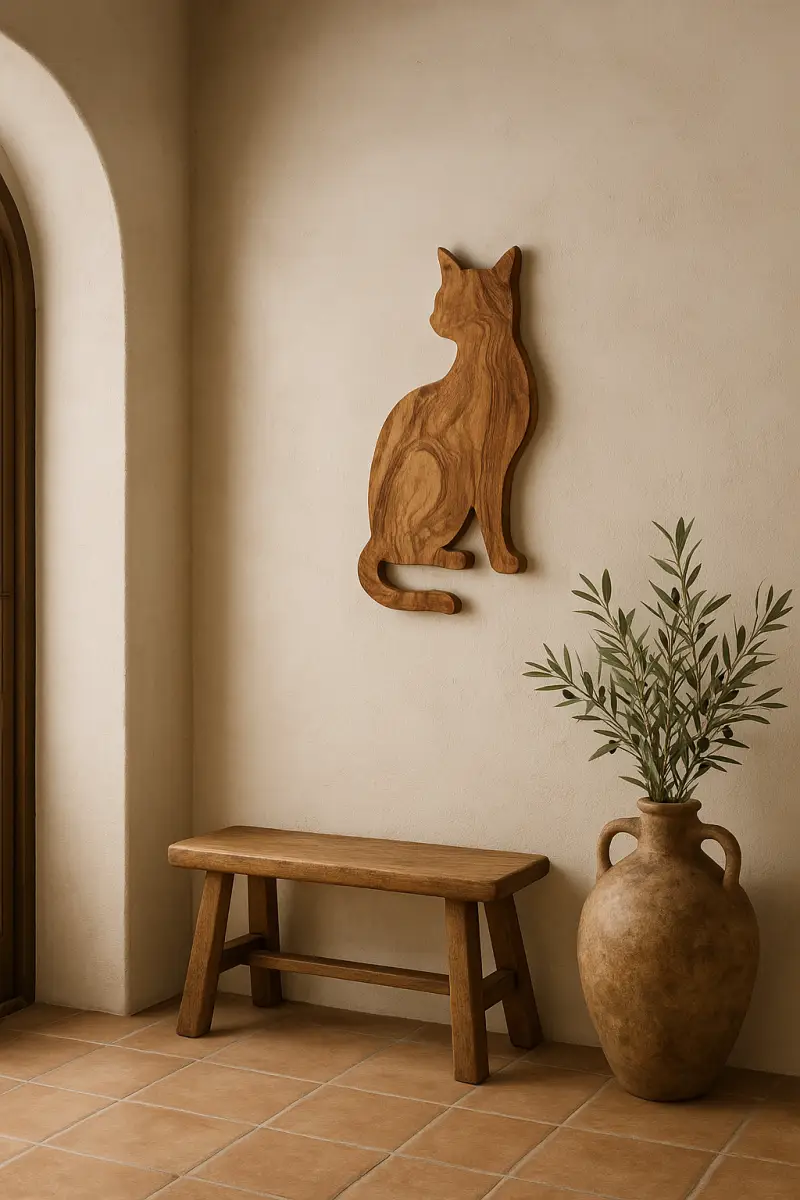 Olé & Co. Olijfhouten wand decoratie van een kat. Hangend boven een houten bank en tinaja staat naast de bank. Landelijke mediterraanse styling