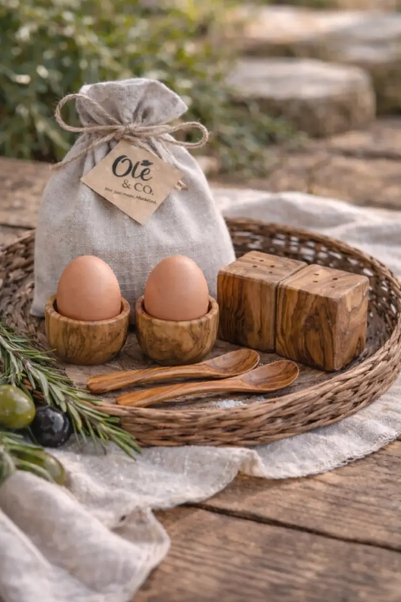 Olijfhouten-ontbijtset-eierdopje-eierlepeltje-peper-zoutset-Duo