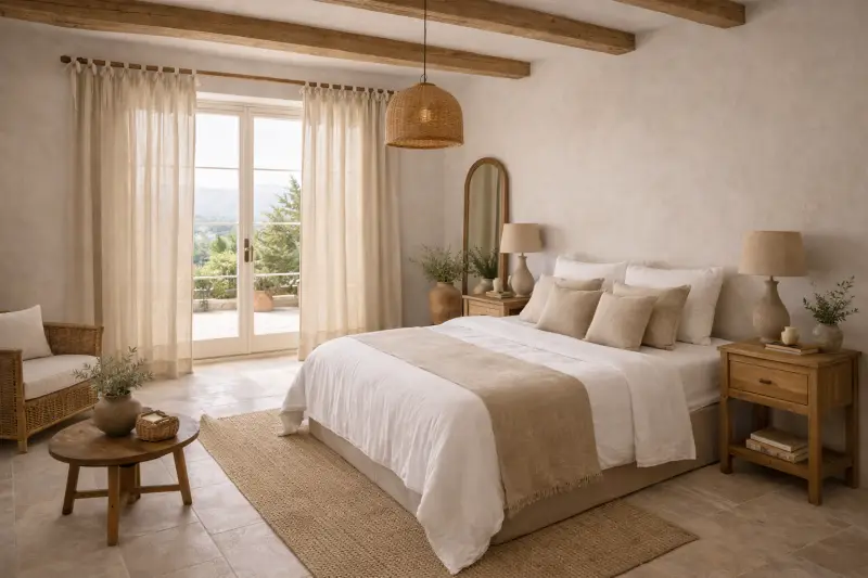 Olé & Co. Landelijke mediterraanse slaapkamer met linnen decoratie en gordijnen