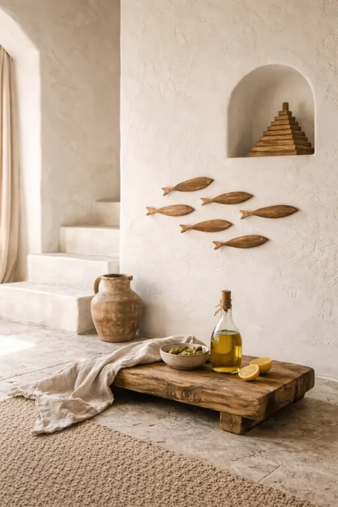 Olé & Co. Landelijke mediterranse sfeer foto met olijfhouten visjes aan de muur en pyramide van olijfhout in een nis, daaronder een lage houten tafel van olijfhout met fles en linnen doek.