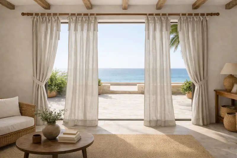 Olé & Co. Naturel kleur linnen inbetween gordijnen in Landelijke mediterraanse setting