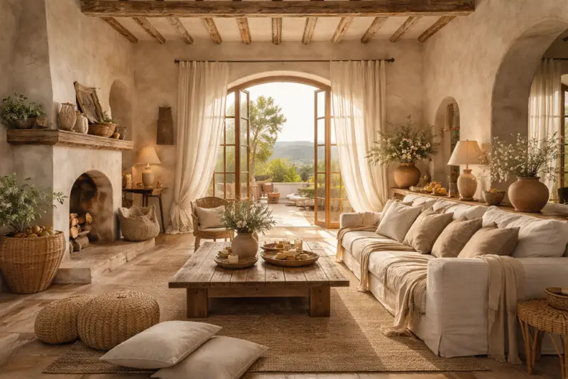 Olé & Co. Landelijke mediterraanse interieur, met Europees linnen gordijnen, linnen kussens een bakstel van linnen waarop linnen kussens en kleden liggen. Houten lage salontafel met mediterraanse decoratie. Op de voorgrond esparto poef en linnen kussens. 