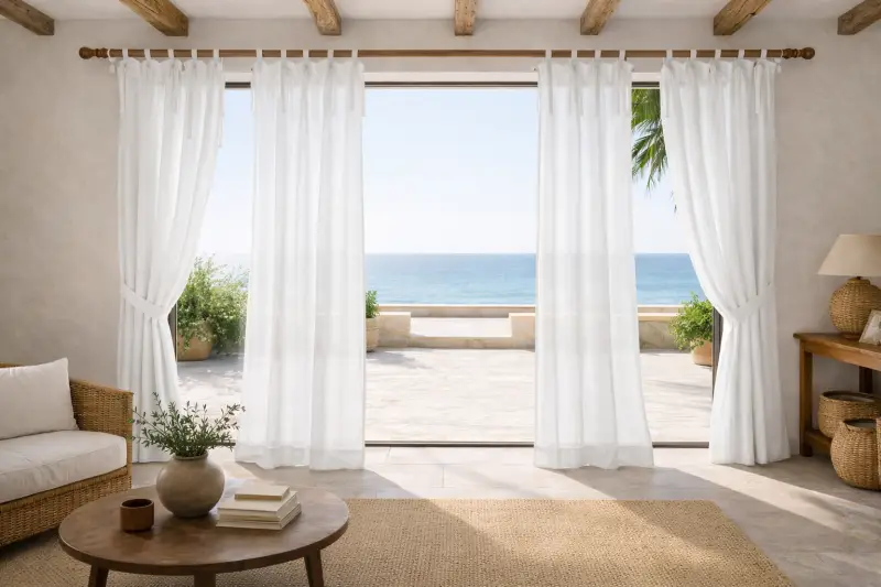 Olé & Co. Offwhite inbetween linnen gordijnen in mediterraanse woning.