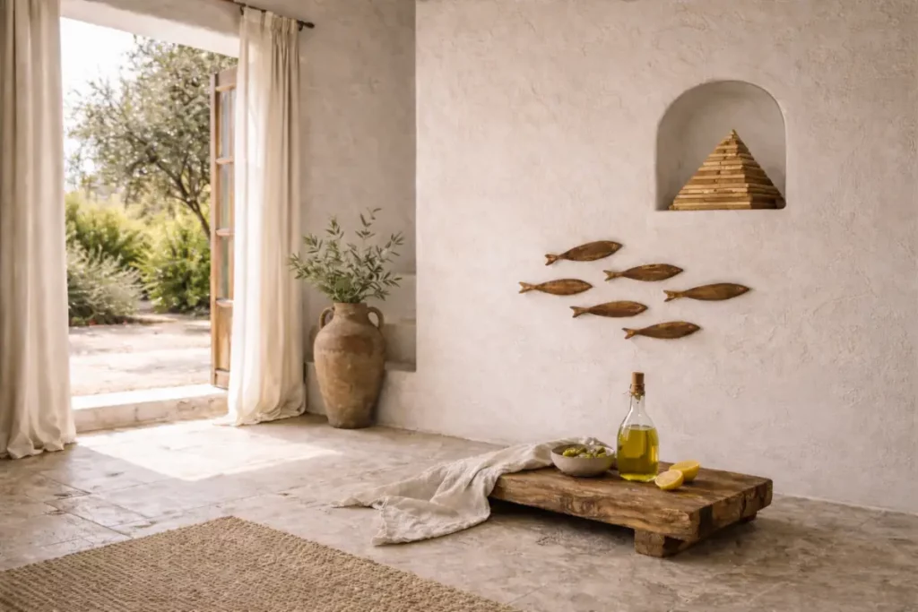 Olé & Co. Olijfhouten tafel in mediterraans interieur met houten wanddecoratie en tinaja met olijftakken