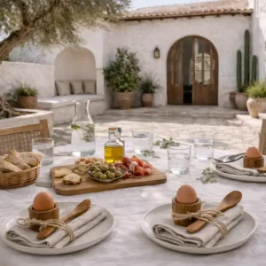 Olijfhouten eierdopje met linnen servet op mediterrane buitentafel