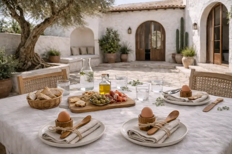 Olijfhouten eierdopje met linnen servet op mediterrane buitentafel