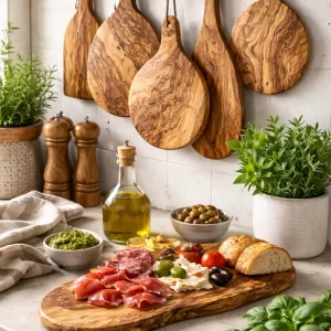 Tapasplanken van olijfhout hangend aan de muur in rustieke keuken en tapasplank o aanrecht met olijven en tapas