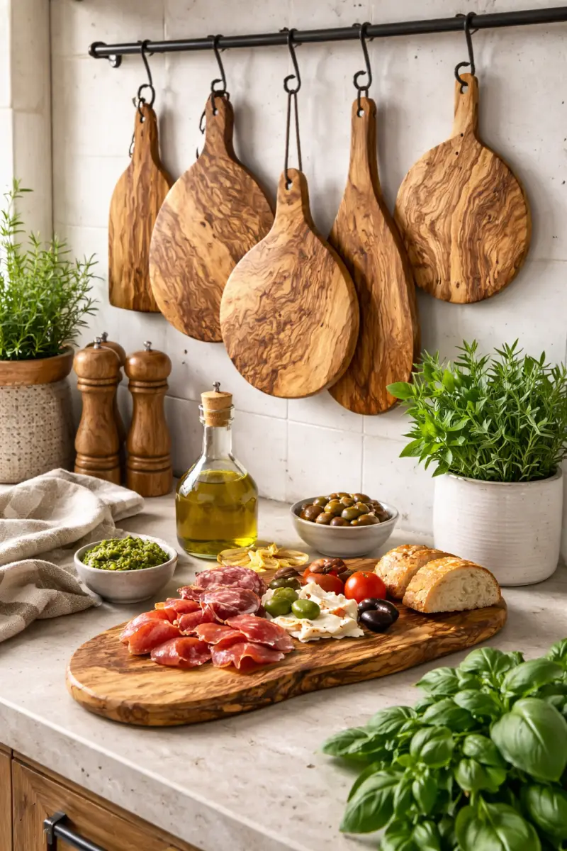 Tapasplanken van olijfhout hangend aan de muur in rustieke keuken en tapasplank o aanrecht met olijven en tapas