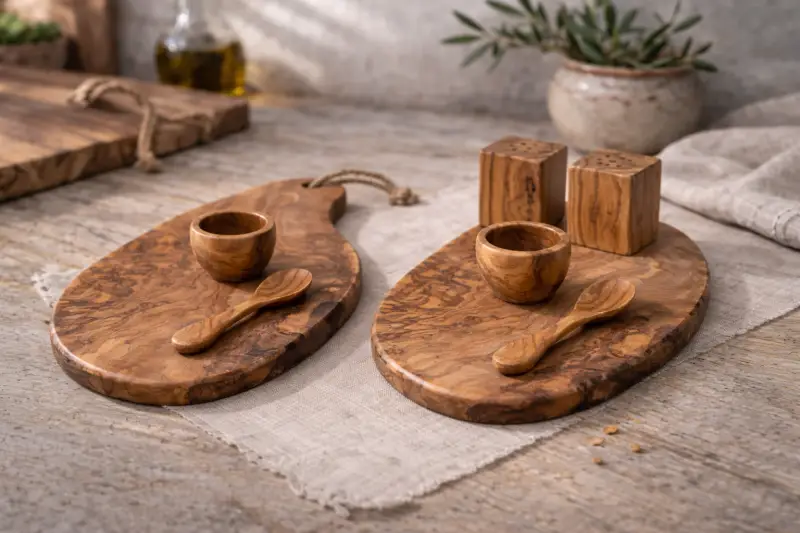 Olé & Co. olijfhouten tapas set van 2 tapas planken, 2 lepeletjes, 2 eierdopjes en peper en zout stelletje