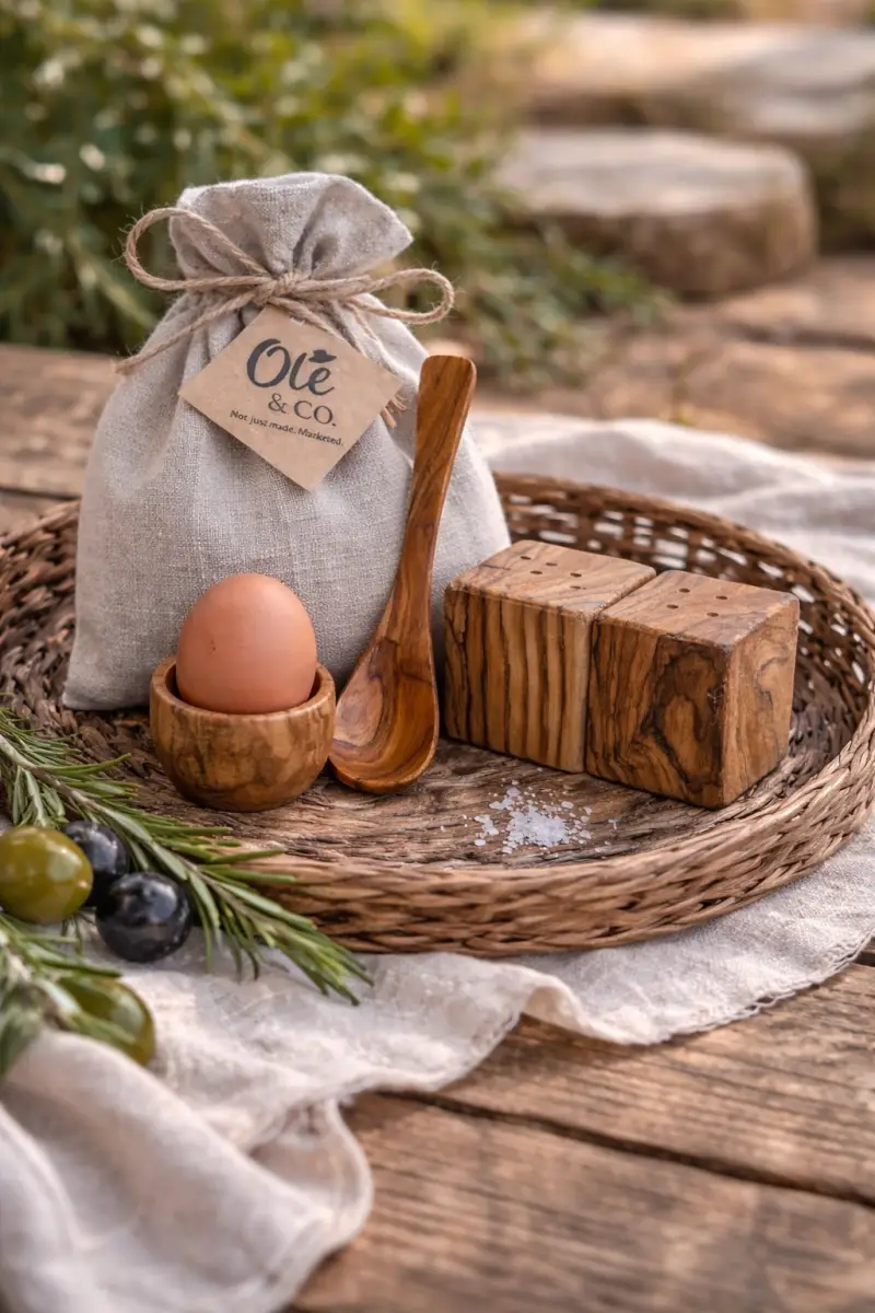 Olijfhouten ontbijtset met eierdopje, eierlepeltje en peper- en zoutset in linnen zakje
