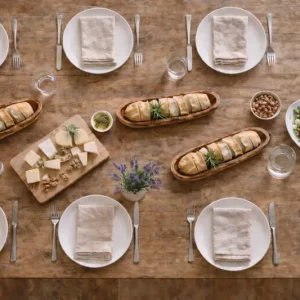 Drie olijfhouten stokbroodschaaltjes op een gedekte tafel voor een mediterrane lunch of diner