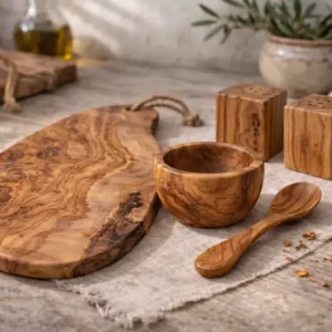 Olijf houten producten zoals een tapasplank, eierdopje, lepeltje en peper en zout stel