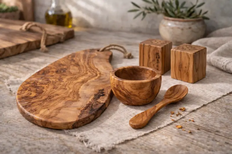 Olijf houten producten zoals een tapasplank, eierdopje, lepeltje en peper en zout stel