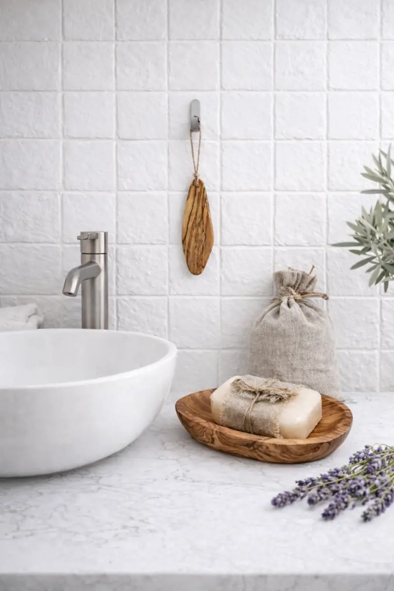 Badkamer cadeauset met olijfhouten zeepschaaltje, natuurlijke zeep en linnen zakje
